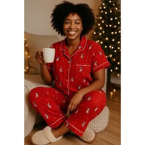 LOFT Sleep Red Dog Print Pajama Set Size M Cotton Viscose Button Top Pants